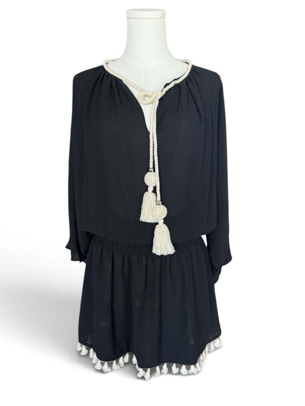 Ramy Brook Black Katana Swim Cover-Up Dress with Tassels - Sz XS